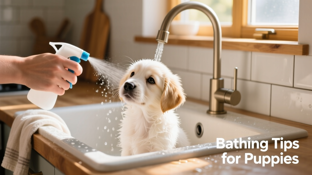 A gentle hand rinsing a small, fluffy puppy in a kitchen sink with a handheld sprayer