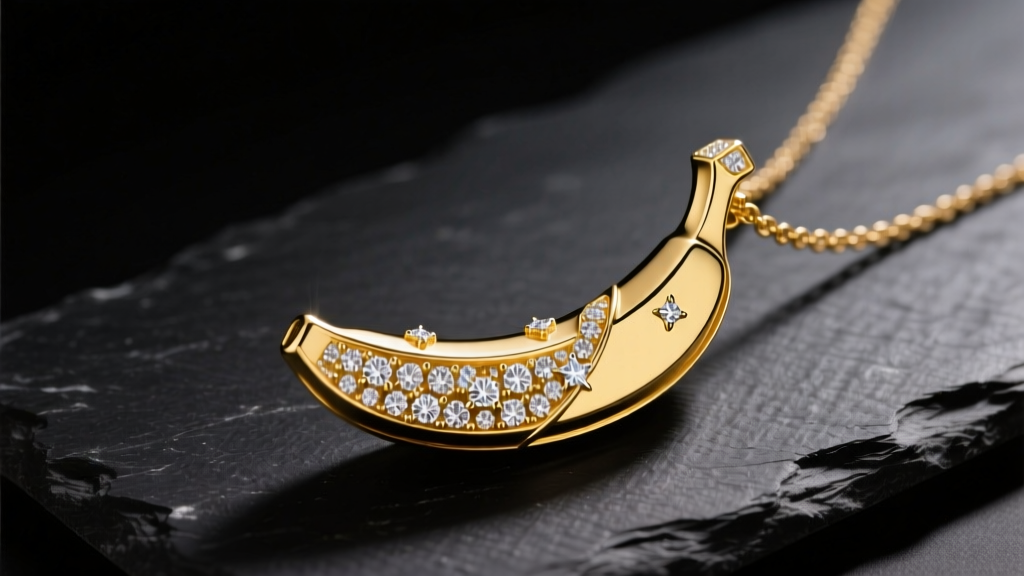 18k yellow gold banana necklace pendant with pavé diamonds, resting on dark slate with dramatic studio lighting