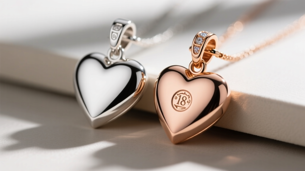 Macro shot of sterling silver and 18k rose gold heart key pendants showing metal luster and hallmark stamps on the bail.