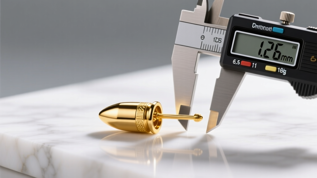 Scale displaying a 6.5g 18k gold bullet earring beside a caliper measuring its 1.2mm post thickness in bright studio lighting.