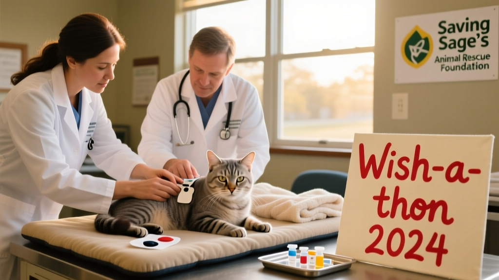 Veterinary team administering care to a senior cat with special needs at Saving Sage’s facility
