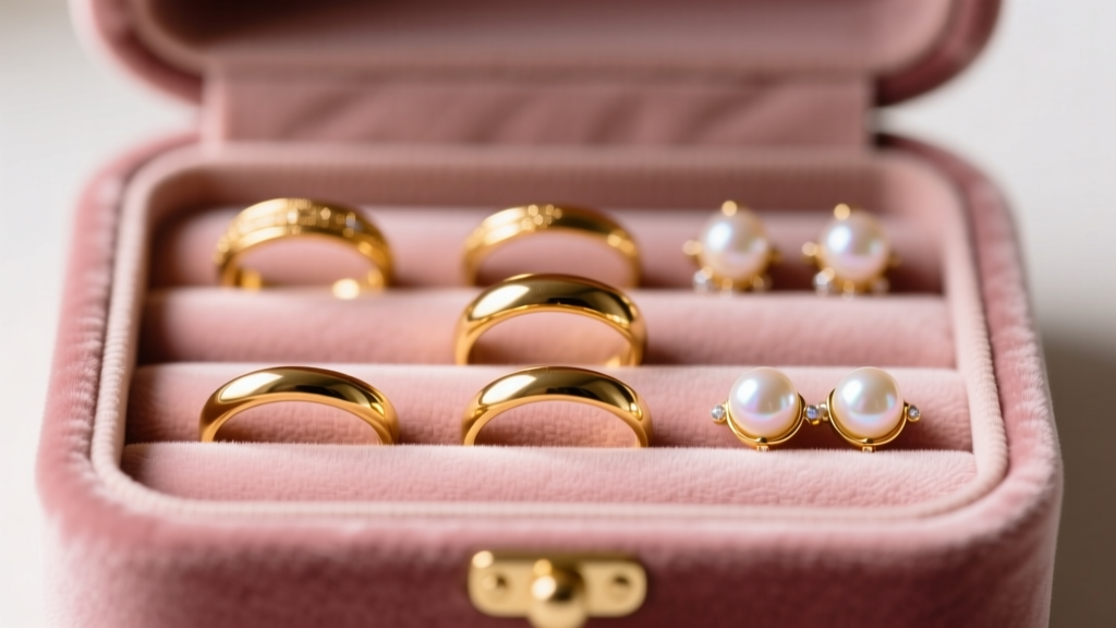 Close-up of a dusty pink polyester velvet jewelry box interior showing neatly arranged gold rings and delicate pearl stud earrings