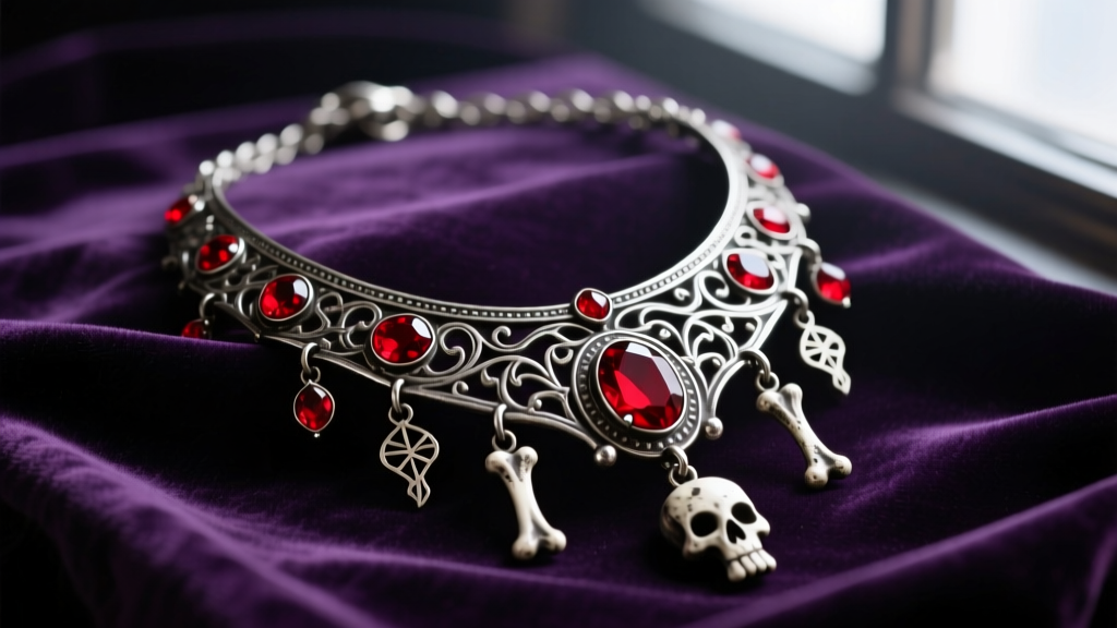 Oxidized silver Dr Facilier voodoo talisman necklace with red enamel gems and bone charms resting on dark purple velvet fabric.