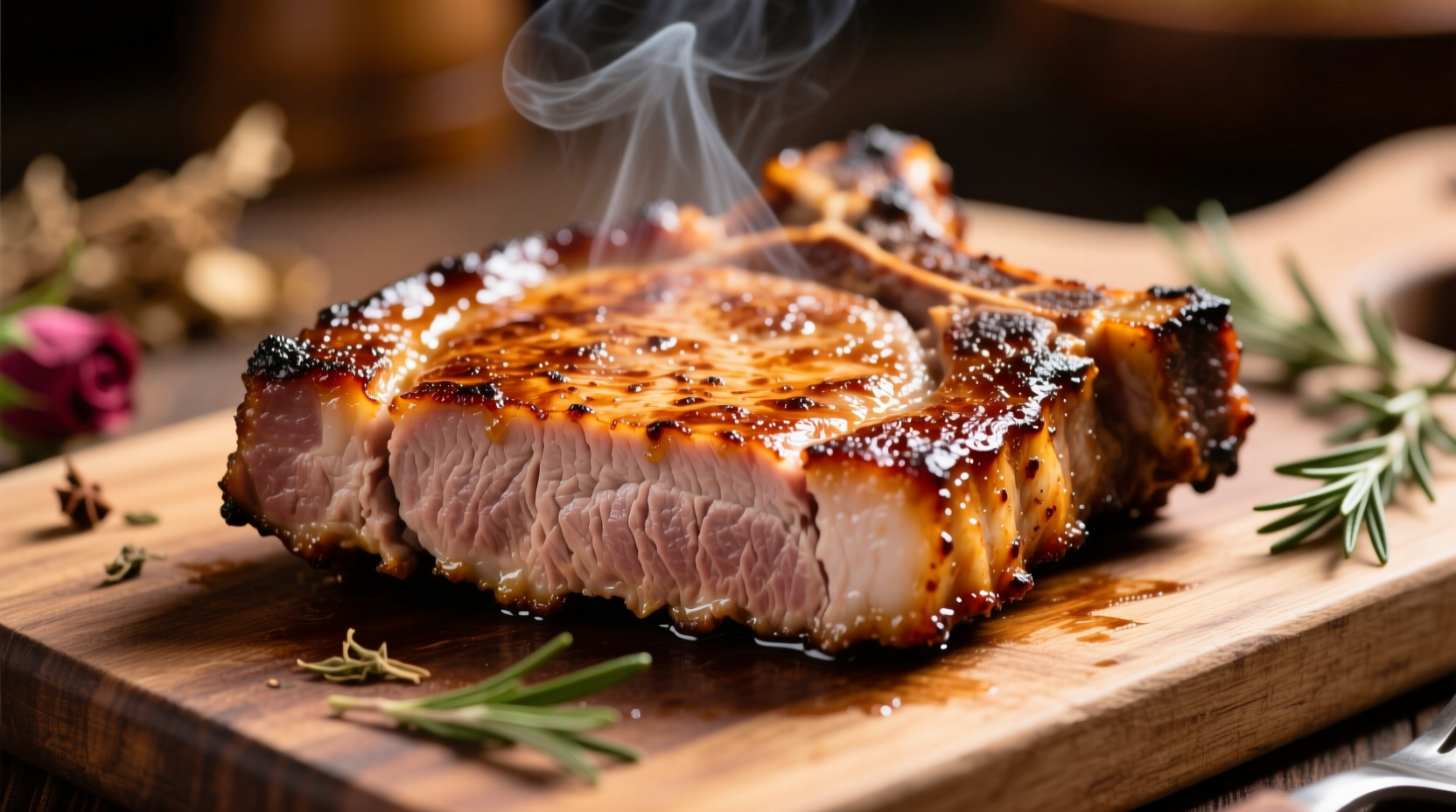 Perfectly seared thick pork chop with golden crust