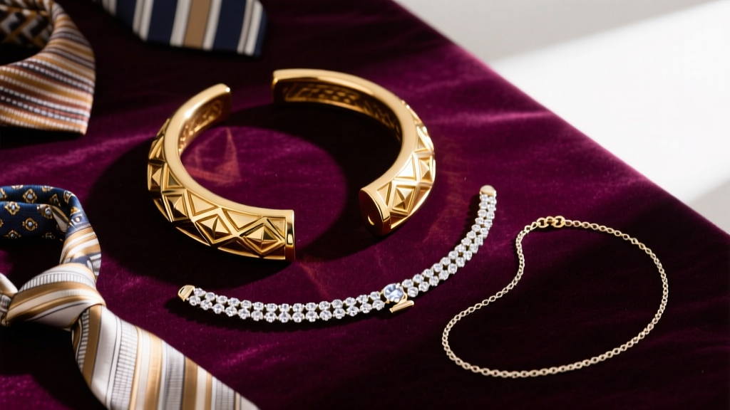 Flat lay of diverse neckwear including a rigid gold torc, a diamond tennis piece, and a delicate 18-inch princess chain on velvet