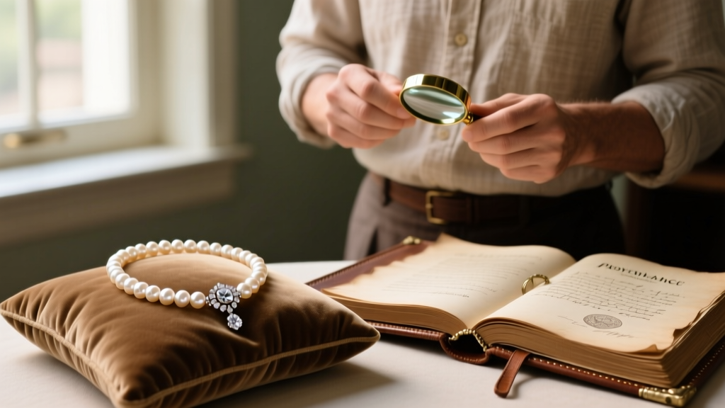 Vintage pearl necklace with diamond clasp, displayed next to an antique leather-bound provenance ledger and a jeweler's loupe.