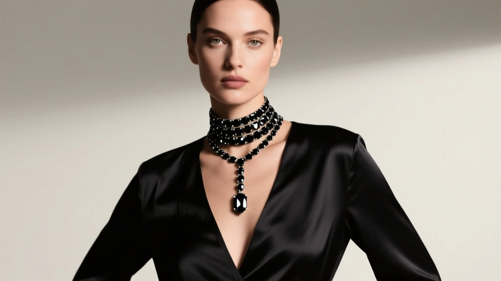 Model wearing layered black diamonds necklace choker with longer solitaire pendant, paired with a deep V-neck dark silk blouse