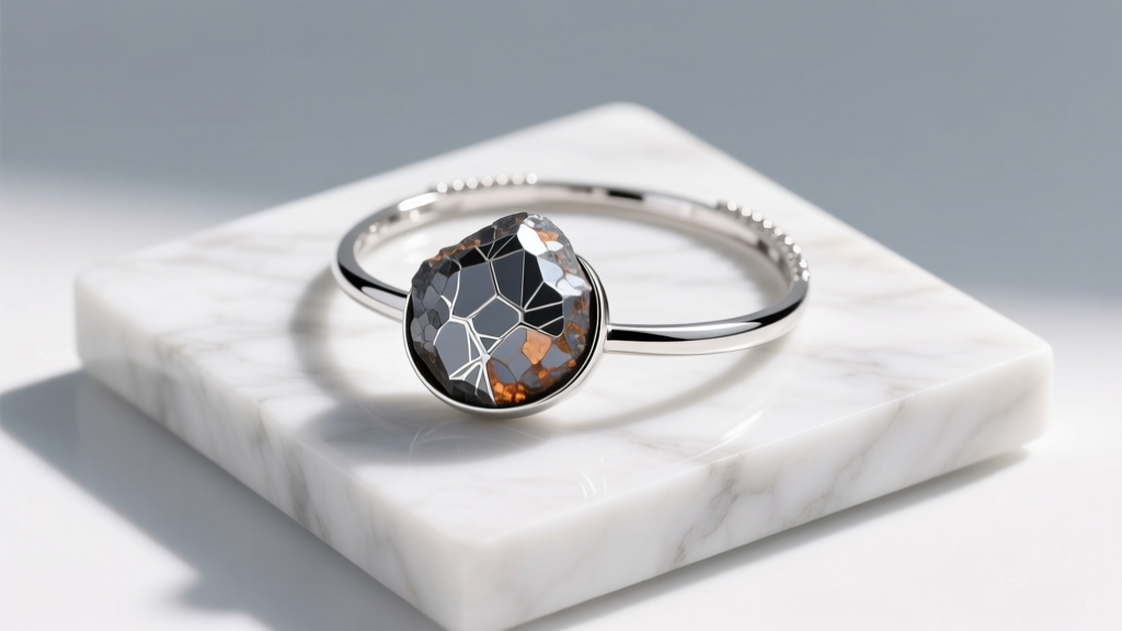 Gibeon meteorite inlay soulmate necklace with platinum bezel on a minimalist marble stand, captured in bright natural daylight.