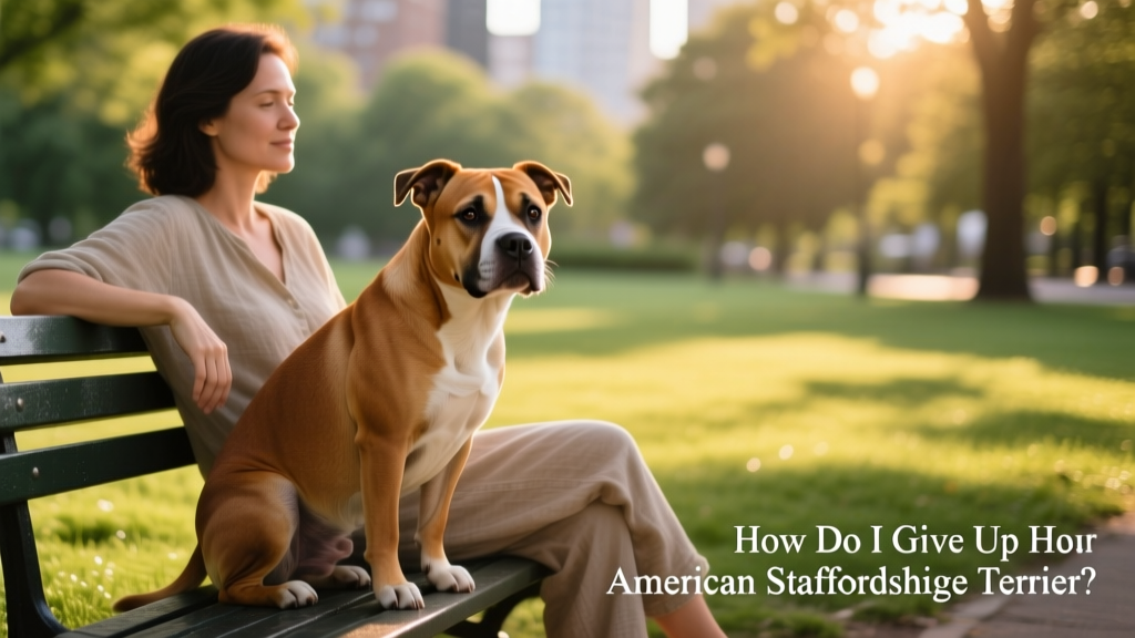 A calm, well-groomed American Staffordshire Terrier sitting beside a person on a grassy park bench