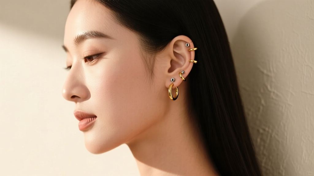 A side profile of a woman showcasing multiple healed ear piercings adorned with delicate 14k gold huggies and seamless hoops.