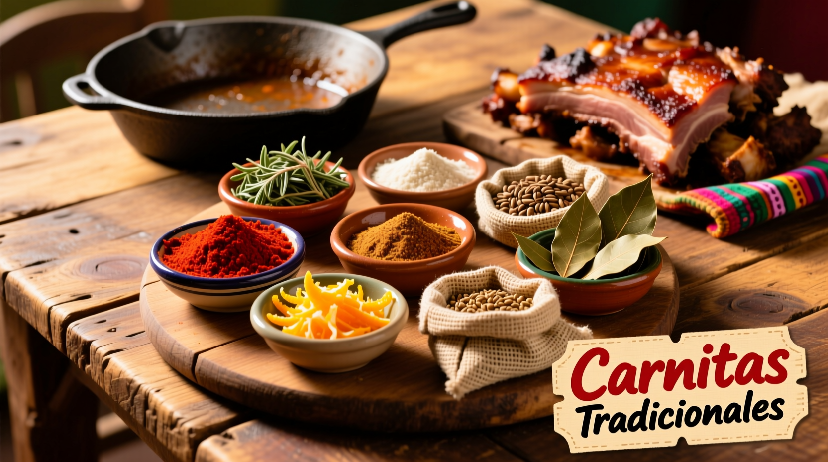 Traditional Mexican spices arranged for carnitas preparation