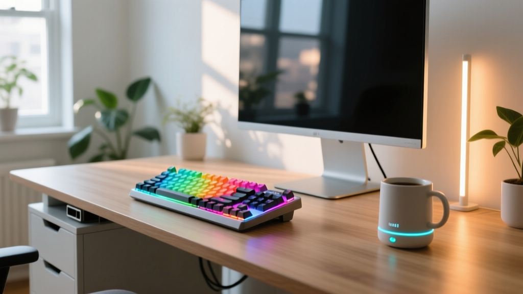 A neatly organized budget-friendly home office desk featuring a glowing monitor light bar, a compact mechanical keyboard, and a smart mug warmer.