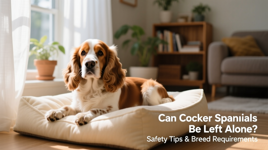 A calm, relaxed Cocker Spaniel resting on a cozy dog bed near a sunlit window
