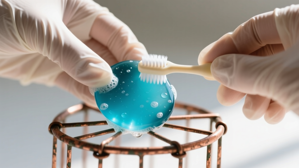 Close-up of hands wearing nitrile gloves gently scrubbing a piece of cobalt blue sea glass set in a tarnished copper wire cage using an extra-soft baby toothbrush and soapy distilled water.