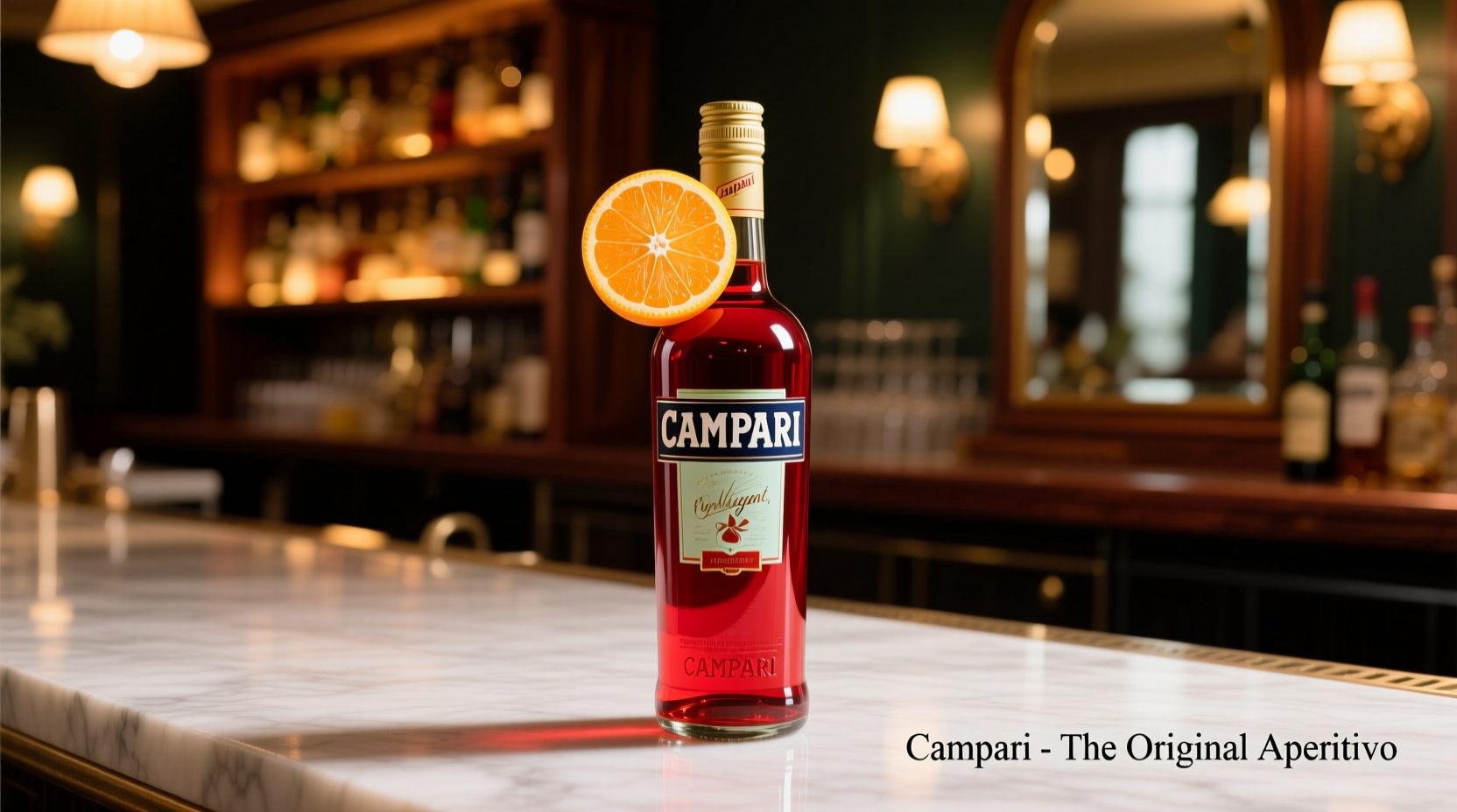Campari bottle with orange slice garnish on marble surface