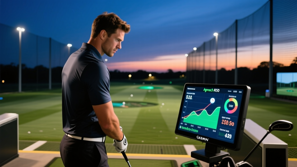 Male golfer analyzing swing data on a Garmin Approach R50 launch monitor screen at a twilight driving range session
