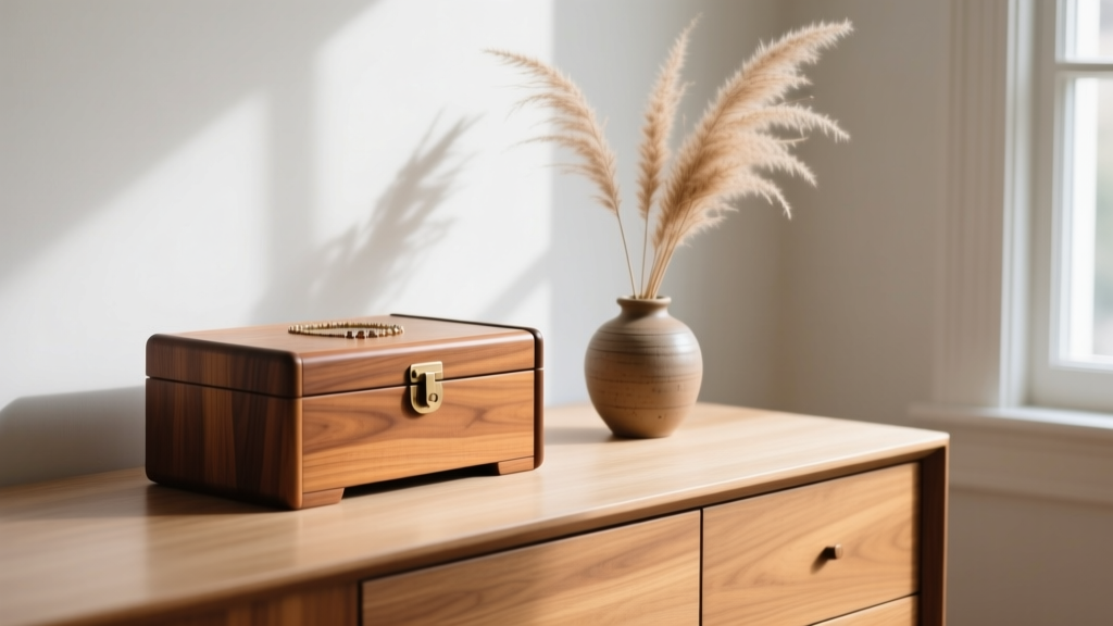 Mid-century modern teak vintage jewelry chest styled on a minimalist oak dresser next to a small ceramic vase and dried pampas.