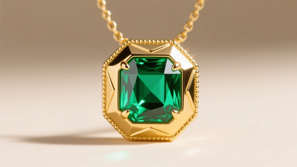 Macro shot of an 18k yellow gold Octavie pendant necklace with an octagonal bezel holding a vivid green emerald step-cut gemstone