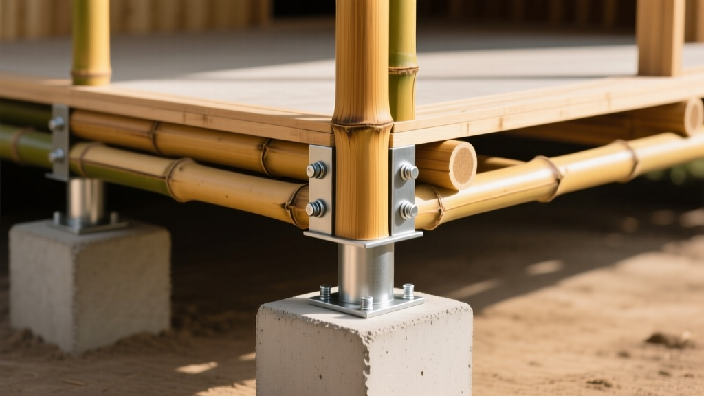 Cross-section of a bamboo house frame showing Guadua poles bolted to concrete pier foundations with galvanized steel post bases