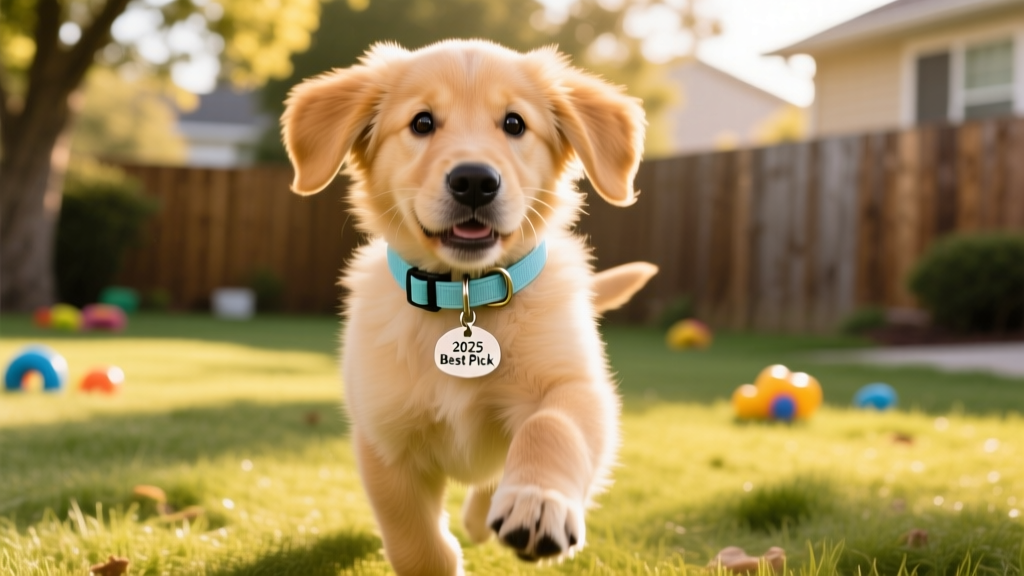 Golden Retriever puppy wearing a soft, adjustable nylon collar while playing outdoors