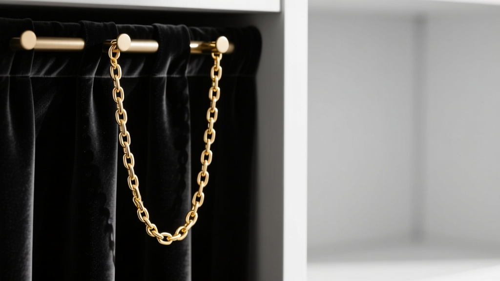 Untangled delicate gold chain necklace hanging vertically from a dark velvet-lined jewelry armoire hook to prevent knots and kinks