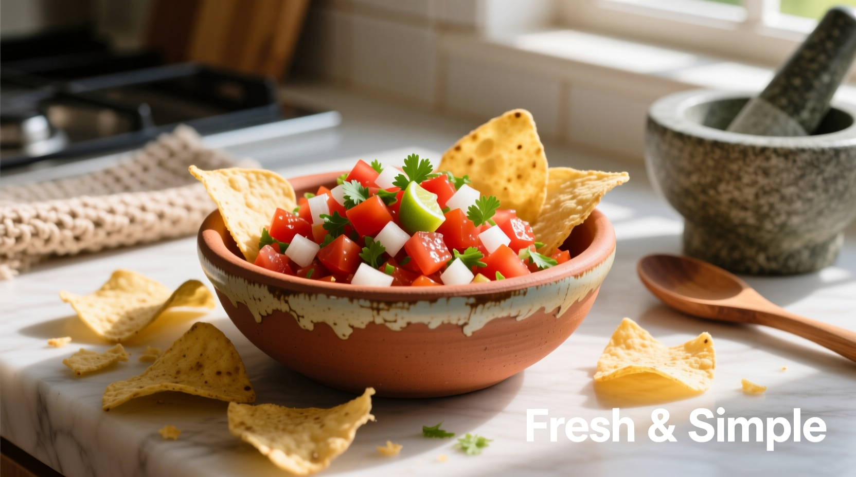 Fresh tomato salsa in clay bowl with tortilla chips