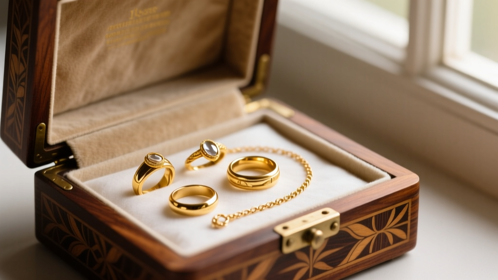 14k and 18k gold rings and chains resting on acid-free archival cotton tissue inside a fully restored antique wooden jewelry box.