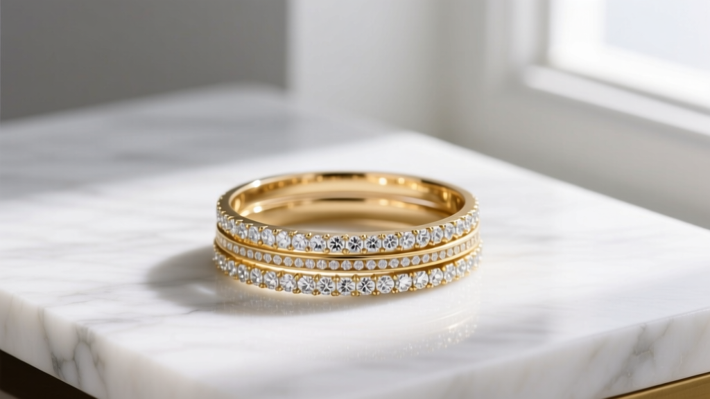 Lindenwold diamond bands stacked with a demi-fine gold bracelet on white marble, illuminated by soft natural window light.