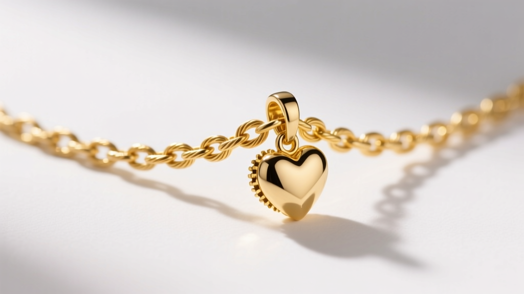 Macro photography of a delicate 0.9mm 14k yellow gold cable chain connecting to a tiny 8mm polished heart pendant clasp mechanism