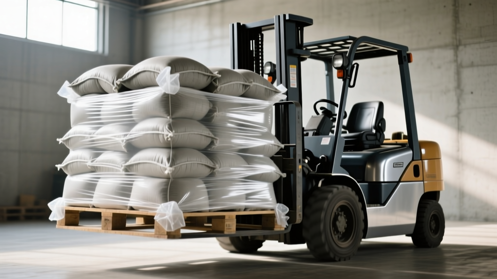 Forklift moving a pallet of cement bags secured with heavy-duty UV stretch wrap and reinforced plastic corner protectors