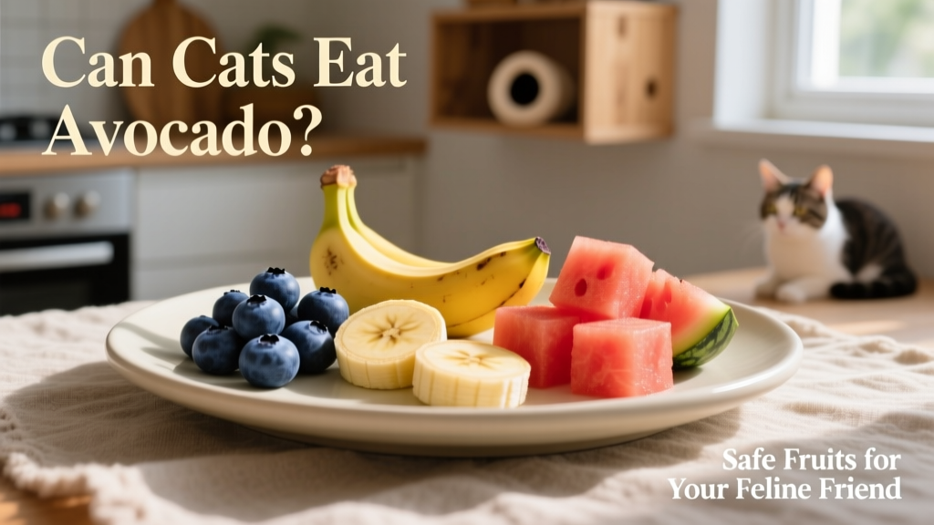 A colorful assortment of safe cat-friendly fruits—blueberries, banana slices, and watermelon cubes—on a pet-safe plate