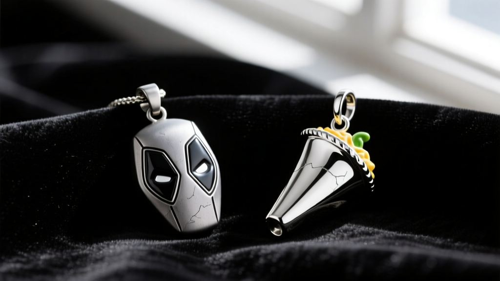 Close-up of a dull zinc Deadpool pendant beside a polished sterling silver Deadpool chimichanga charm on dark velvet fabric