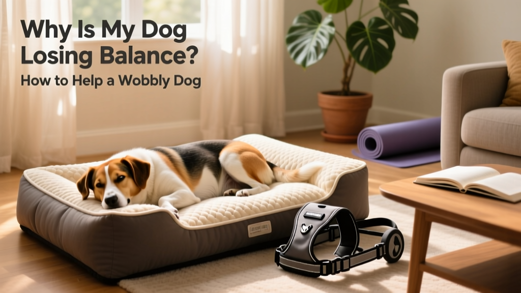 Dog resting comfortably on a padded orthopedic bed with supportive harness nearby