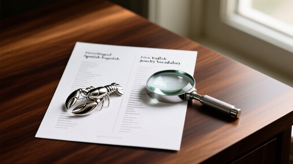 Printed Spanish-English jewelry vocabulary sheet next to a polished silver lobster clasp and jeweler loupe on a dark wooden desk.