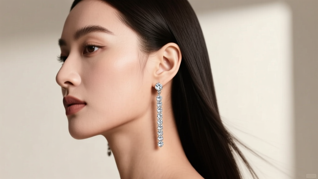 Side profile of a woman with an oval face shape wearing long silver diamond dangle earrings that elongate her jawline
