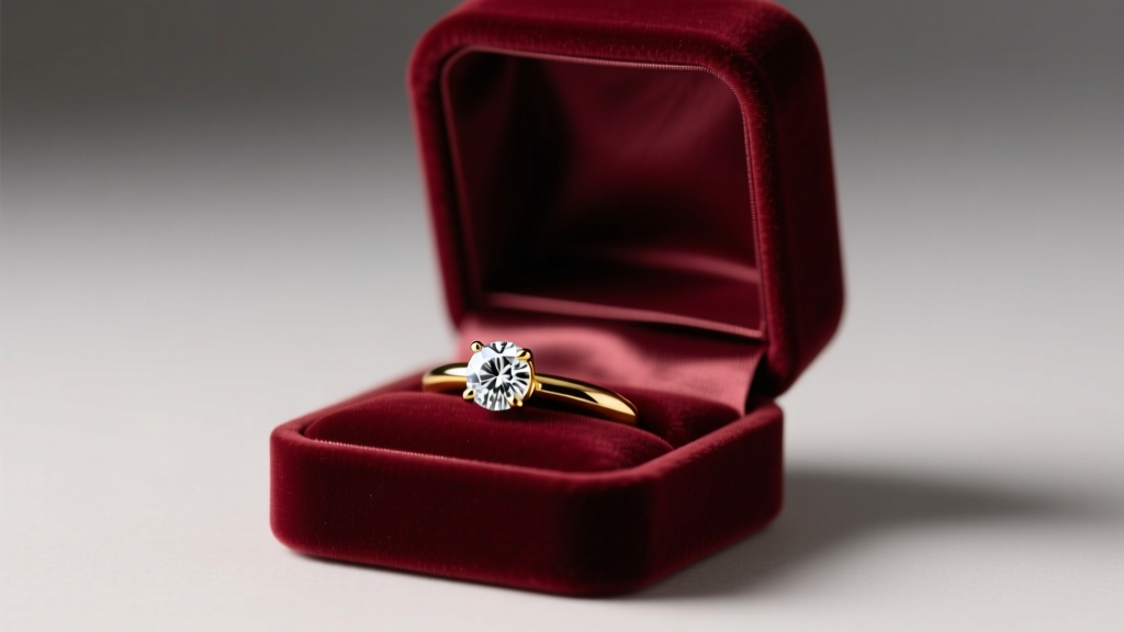 Open velvet gift box revealing a sparkling 14k gold threadless labret stud with a diamond top, illuminated by soft studio lighting