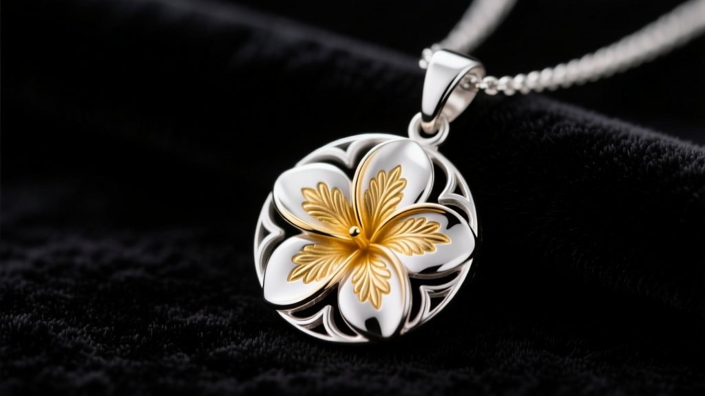 Sterling silver Hawaiian pendant with engraved 14k gold plumeria flower on dark velvet, macro shot with soft lighting.
