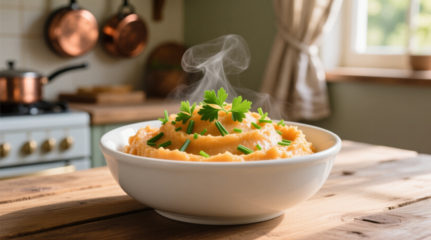 Creamy sweet potato mash in white bowl with herbs