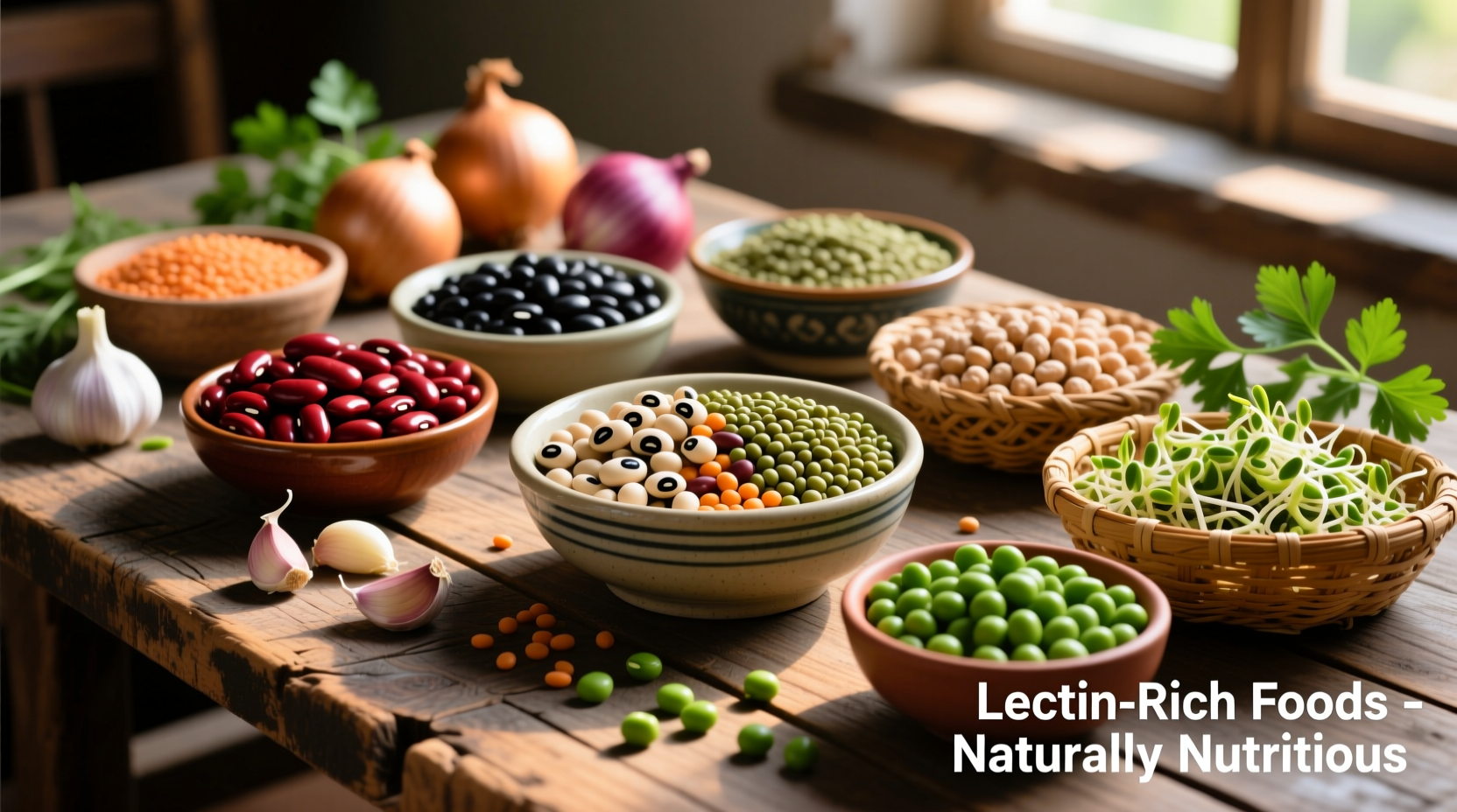 Colorful display of lectin-containing foods on wooden table