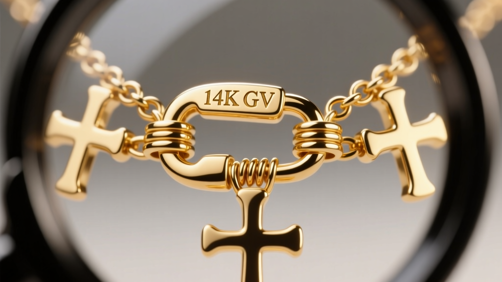 Loupe view of a 14k gold vermeil multi cross necklace lobster clasp, revealing the metal stamp and secure spring mechanism details.
