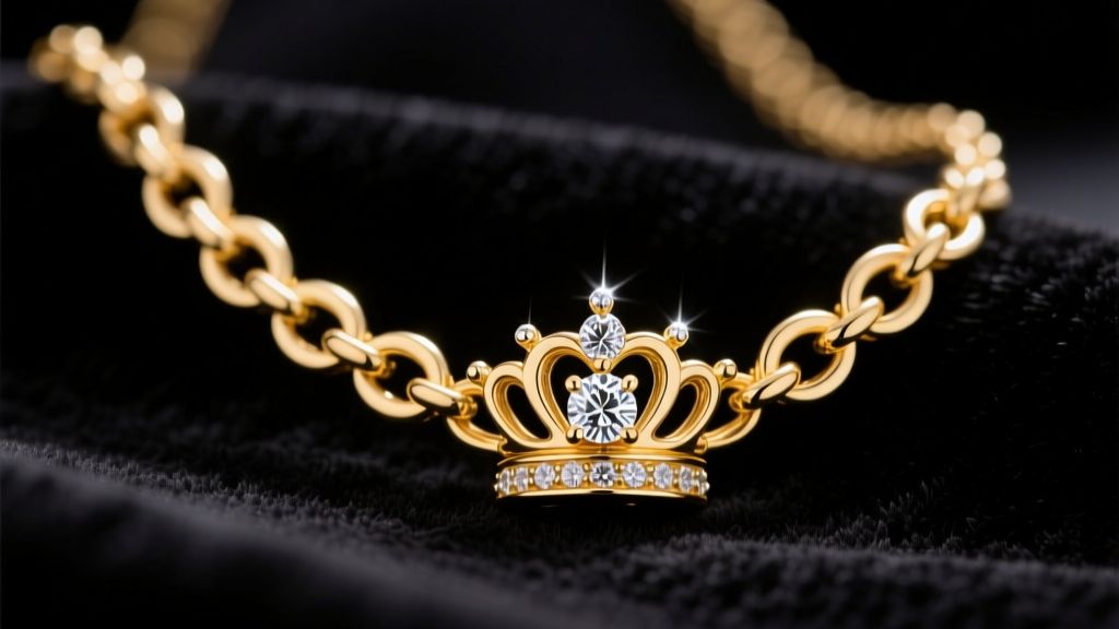 Macro shot of an 18k yellow gold custom necklace with genuine President links and a diamond crown pendant resting on dark velvet.