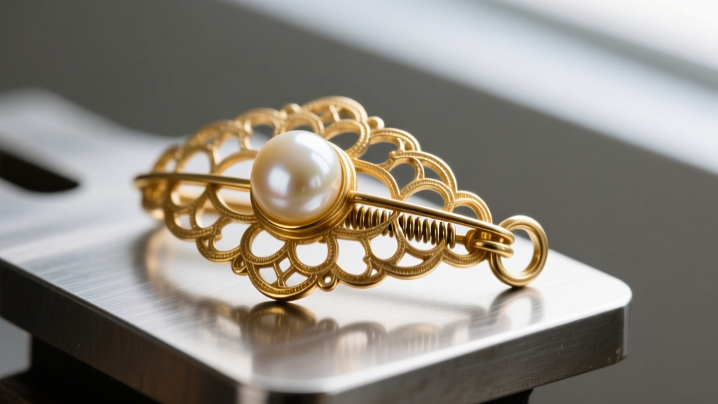 Macro shot of a vintage 14k gold filigree pearl clasp with broken internal spring, resting on a steel jeweler's bench block