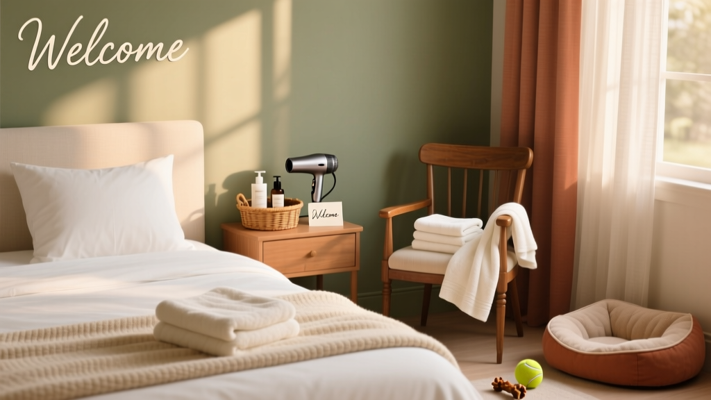 A cozy guest bedroom with freshly made bed, folded towels on a chair, and a small basket of amenities on the nightstand