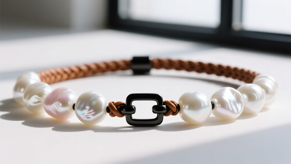 Macro shot of irregular white baroque freshwater pearls strung on a thick braided leather cord with a matte black steel clasp