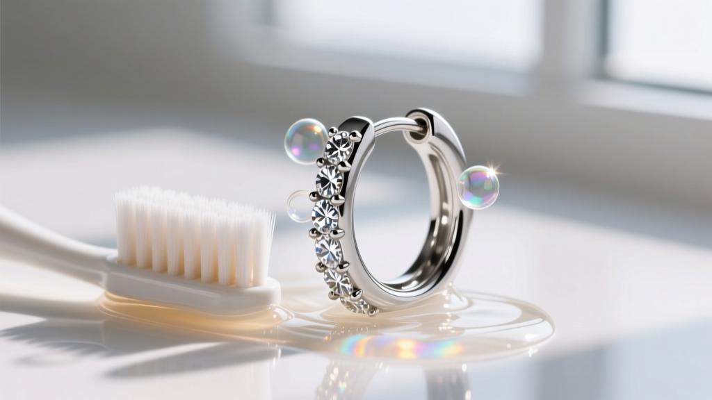 A soft toothbrush scrubbing pave diamond settings of a silver double huggie hoop earring submerged in warm, mild soapy water.