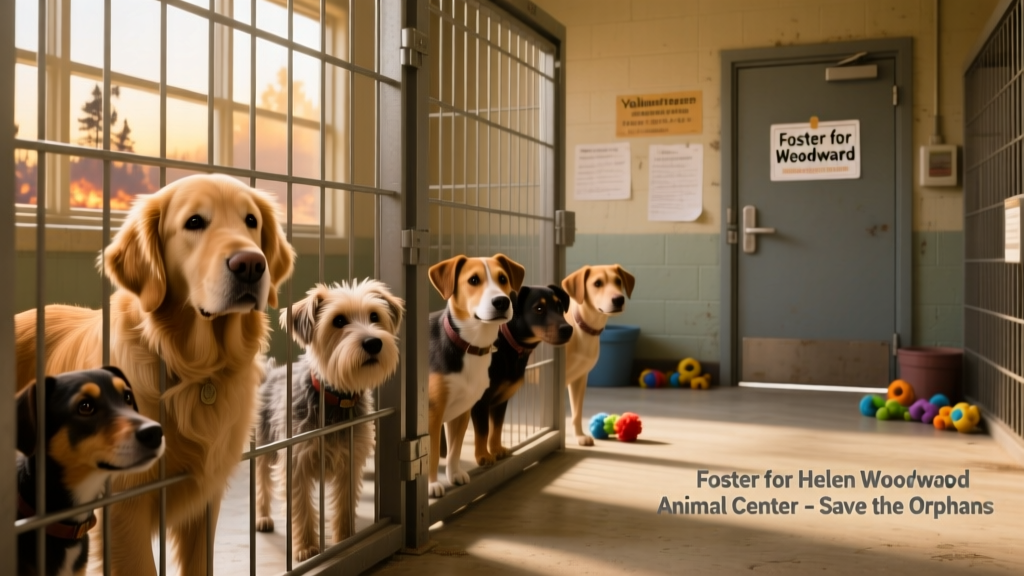 Dogs in caged kennels at a shelter after the LA wildfires