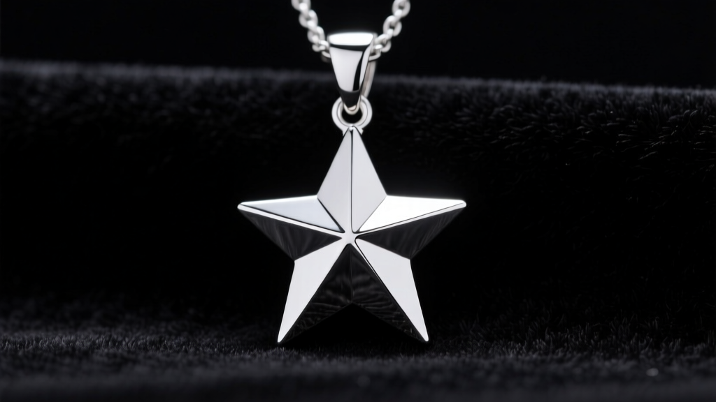 Close-up of a polished 925 sterling silver five-point star pendant on dark velvet, illuminated by soft studio lighting.