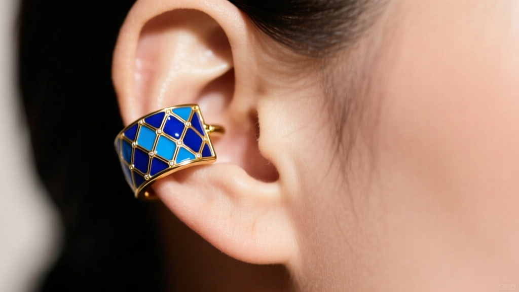 Close-up of blue guilloché enamel and 18k gold ear cuffs on a woman, highlighting the vibrant cobalt hue against warm skin tones