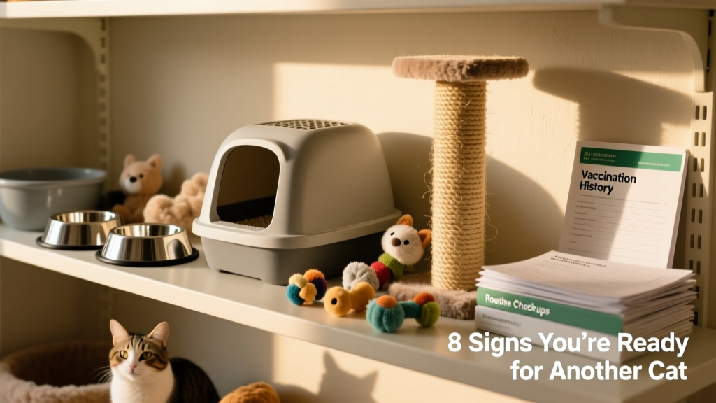 A tidy shelf displaying essential cat supplies: food bowls, litter box, scratching post, toys, and a small stack of veterinary records