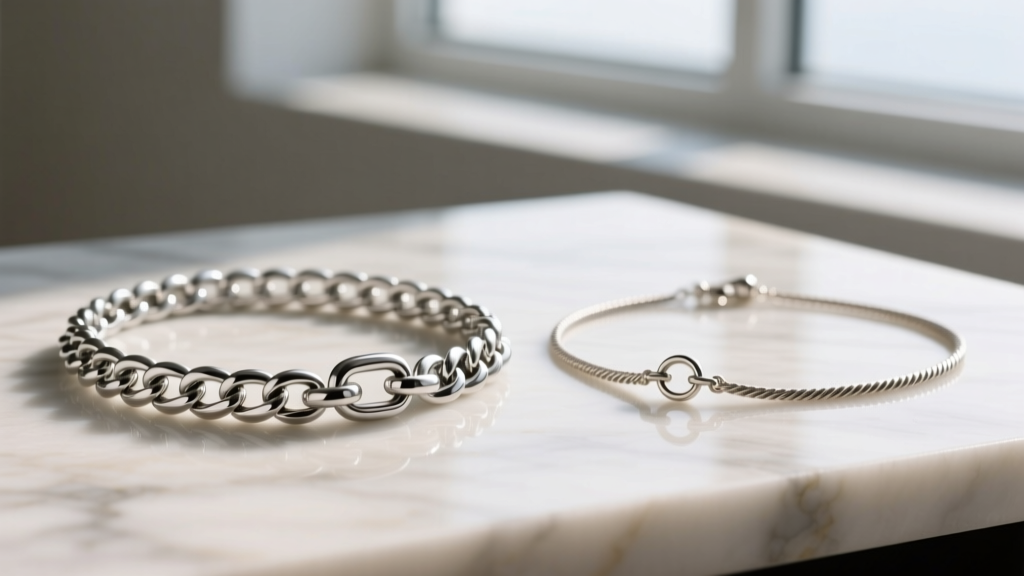 Comparison of a sterling silver rolo chain with a lobster clasp next to a thin cable chain with a fragile spring ring clasp.